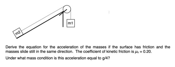 m Derive the equation for the acceleration of the masses if the surface has friction and the masses slide still in the same d
