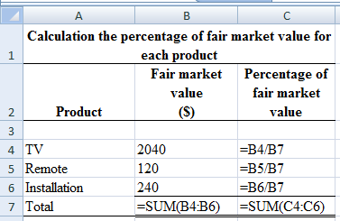 В
Calculation the percentage of fair market value for
each product
1
Fair market
Percentage of
fair market
value
Product
(S)