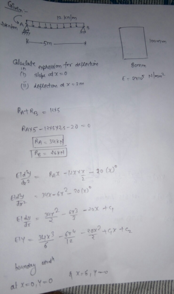 12 kolm gokntom 4 -5m- loomm Bomm Calculate expression for deflection () slope at x=0 E = 2x105 N/mm² RATRB = 1245 RAY 5 -184