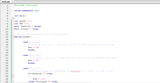 main.cpp X #include <iostream> using namespace std; 1 2 3 4 5 6 7 int main() { int grade = 7; int fee = 0; bool leadrole = fa