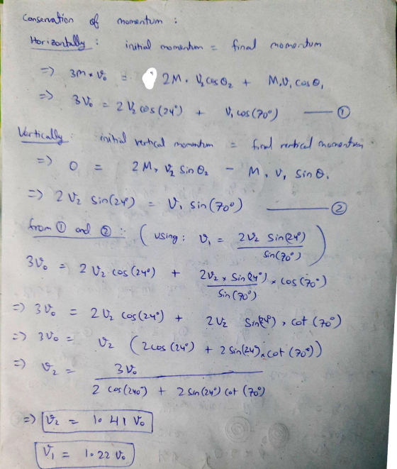 Conservation of momentum : Horizontally initial momenton - final momentum - 30 v 2M. & Co O₂ + MV, coso, 3 V - 2 v cos (24)