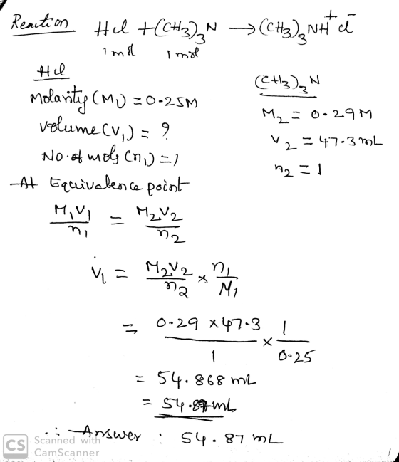(CH3)2NH I Reaction Hul +(CH3)N 1 ind imol HU Molarity (M0 =0=25M volume cvi) = ? No of mols (n.) =) At Equivalence point (CH