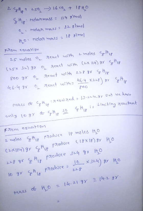 2 eettig 250 - 16 co + 1840 SH - 8 18 ei Molar mass = 114 olmol O : Molar mass = 328lmol Ho: Molar mass = 18 almol F70м ечио