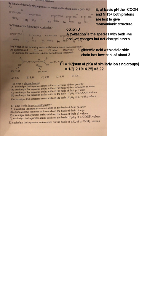 reactions R-CH-COO R-CH-COOH A) following represents an amino acid in a basic solution (pH = 11)? lution (pH = 11)? E, at bas