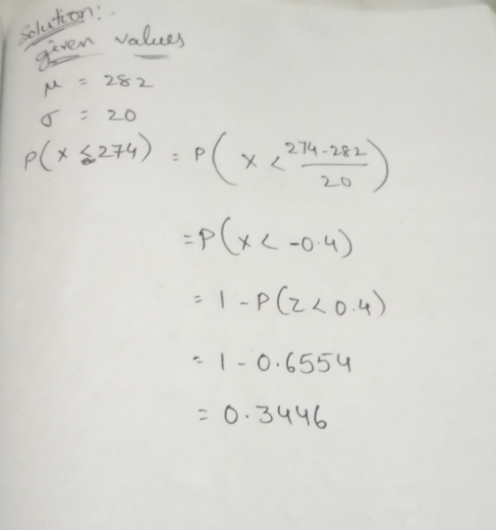 geven values Solution: 282 M 20 p(* $274) : P ( x<274.282 =P(x < -0.4) - 1-P (220.4) - 1-0.6554 =0.3446