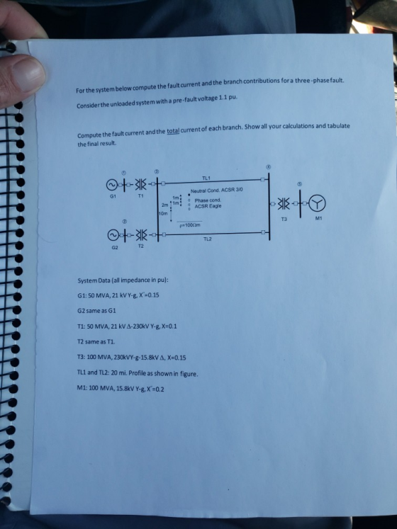 For the system below compute the fault current and the branch contributions for a three-phase fault. Considerthe unloaded sys