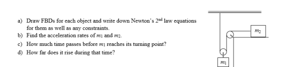 a) Draw FBDs for each object and write down Newtons 2d law equations for them as well as any constraints. b) Find the acceleration rates of mi and m2. c) How much time passes before mi reaches its turning point? d) How far does it rise during that time? m2 mi
