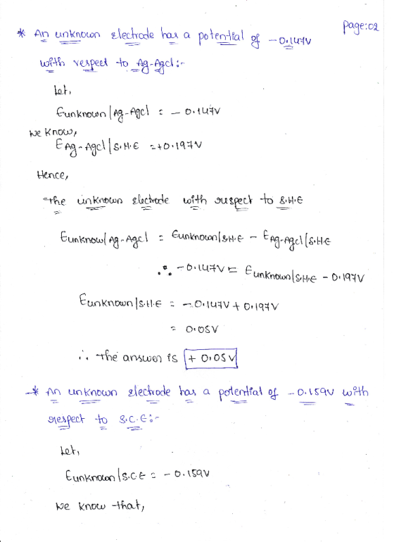 * An unknown Electrode has a potential of -- Ooluy page:02 with respect to Ag-Agdir let funknown (Ag-Agel - 0.444V ke knots E