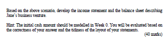 Based on the above scenario, develop the income statement and the balance sheet describing Janes business ventre Hint: The i