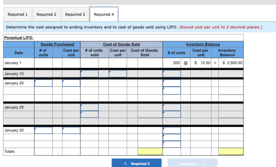 Required 1 Required 2 Required 3 Required 4 Determine the cost assigned to ending inventory and to cost of goods sold using L