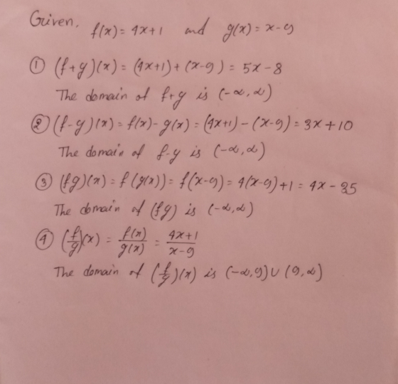 Griven, f(x) = 4x+1 and g(x) = x - 2) ① (fxg)(x) = (4x+1)+ (x-9 ) = 5X-8 The domain of fry is (-4,4) (4-7)(~) = f(x)=964) - (