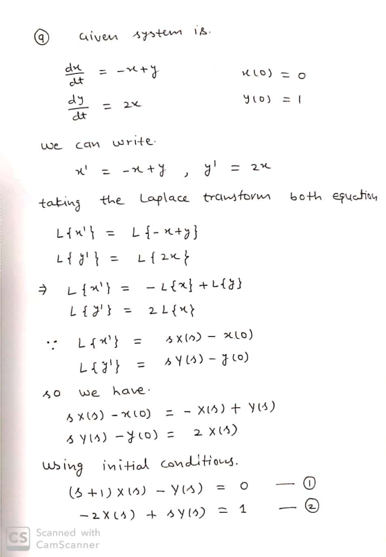 b Given system is. arty = coin o du at dy at Y10) 22 we can write. st u ih -xty 220 = ) taking the Laplace transform both equ