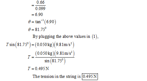 0.66 0.099 - 6.90 8tan (690) -81.75 By plugging the above values in 1), Tsin(8179)=( , 0.050kg)(9.81m/s (0.050kg 9.81m/s sin