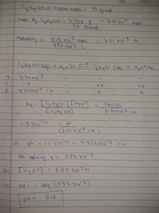 Page RANKA THE OH Molar mass = g4 g/mol mole of CHE OH = 0.300 g = 3.19 x103 mole 94 simo molarity = 3.19 103 male 856 816 3