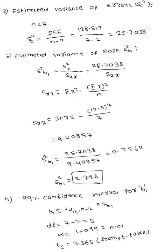 errors s2) variance OR 2) Estimated n.7 128.519 SSE - 25.7038 7-2 variance of 3) Estimated slope s, i 28.7038 shi 5² Sea Sax