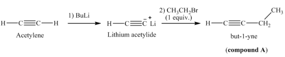 CH
=
2) CH CH Br
(1 equiv.)
1) Buli
–
H-
C=
C-
H
- +
H =C =C Li
Lithium acetylide
H-CEC-CH2
Acetylene
but-1-yne
(compound A)