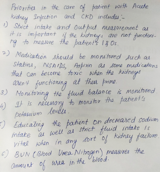 Priorities in the care of patient with Acete. kidney Infection and CKD includes D Strict intake and output measurement as it