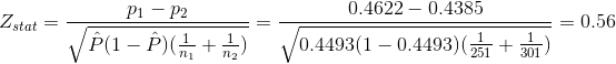 Z_{stat}=\frac{p_1-p_2}{\sqrt{\hat{P}(1-\hat{P})(\frac{1}{n_1}+\frac{1}{n_2})}}=\frac{0.4622-0.4385}{\sqrt{0.4493(1-0.4493)(\frac{1}{251}+\frac{1}{301})}}=0.56