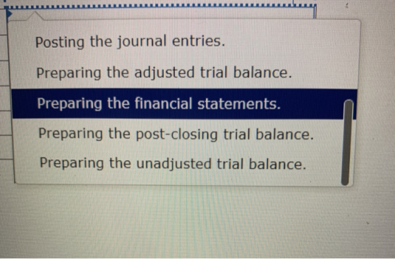 LLLLLL Posting the journal entries. Preparing the adjusted trial balance. Preparing the financial statements. Preparing the p