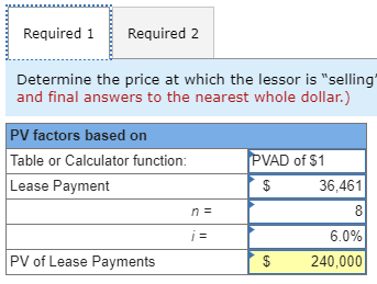 Required 1 Required 2 Determine the price at which the lessor is selling and final answers to the nearest whole dollar.) PV