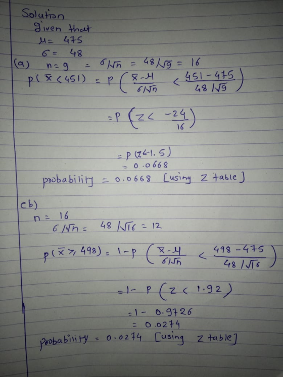 Solution given that M= 475 6= 48 (a) n=9 = With p(x (451) =P = 48/9 = 16 8-4 451-445 6Nn - 48 Ng =P (22-24) 16 - P 24-1.5) -