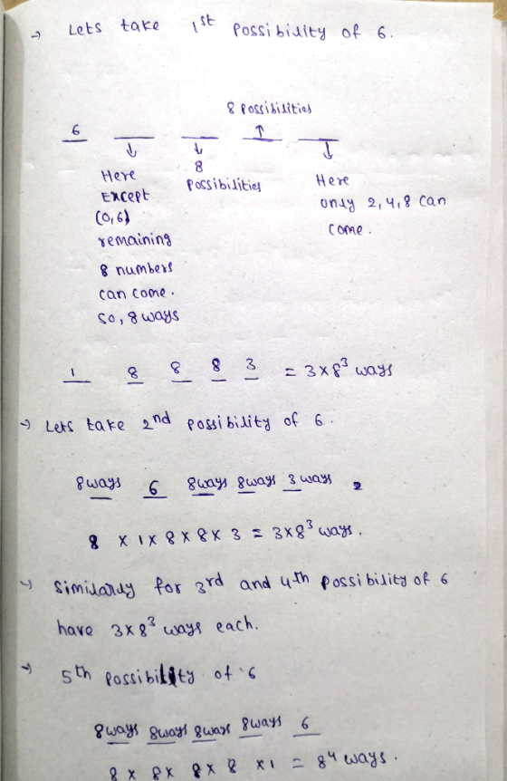 Lets take 1st Possibility of 6. 8 possibilities 6 T Here Except Possibilities Here (0,6) only 2, 4, 8 can come. remaining 8 n
