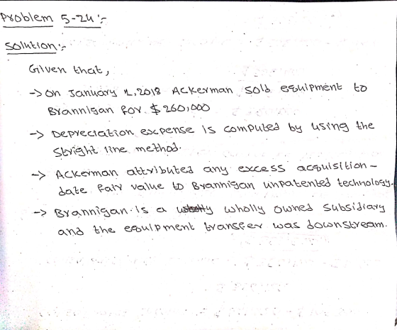 Problem 5-24s solution Given that, -> on January 1, 2018 Ackerman sold equipment to - Brannigan for $260.000 .-> Depreciatio