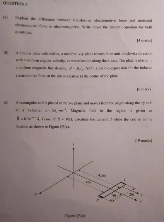 QUESTION 3 (a) Explain the difference between transformer electromotive force and motional electromotive force in electromagn