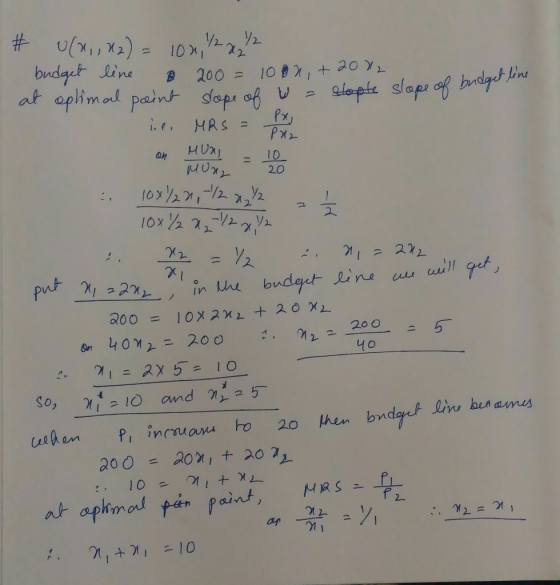 Munz ! * u(x,,H2) = 10x, 42 x 42 budget line 200 = 1000,+ 2002 at optimal point slope of u = stopte slope of budget line il M