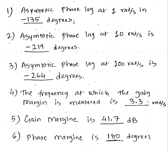 1 Asymotic phase lag at I radys in -135 degrees: 2) Asymtotic phase lag at 10 rads is -219 degrees. 3) Asymtotic phase lag a