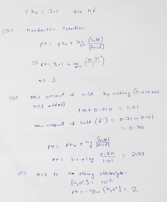 eka=3el for HF (a.) Handersen equation pH = pkat log (salt) (Acid pu= 3.1 4 19.0 (0:21) =) 3 o lo mol of acidd by add amount