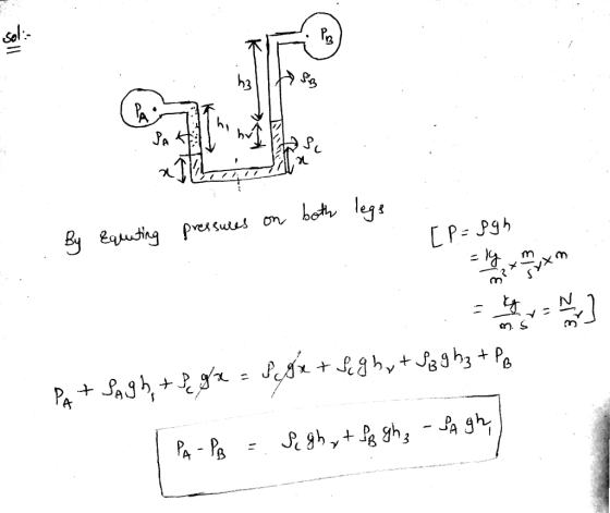 . [P= 295 . By equating pressures on both legs PA+ Sagh, + segx = Sehr + seg hy + 12 ghz +Po I PA - PB = s ghyt fg ghz - Pagh