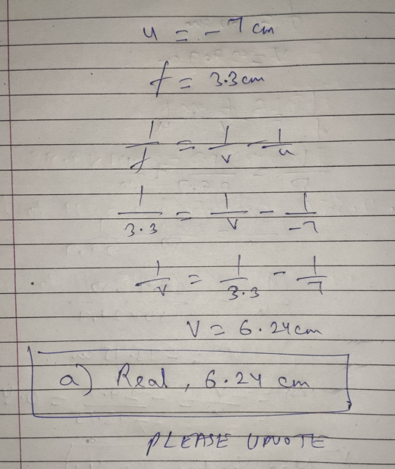 u=- Tan t= 3.3cm d HE HE 3.3 = هد . 3.3 V = 6.24cm a) Real, 6.24 cm ptenSE UPUO THE