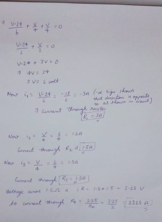 - V-29 +y=0 + V b 4 V-24 + x = 0 V-24 + 3 v=0 7 40 = 24 += 6 volt -18 6 Now = U-24 = -3A (-ve sign shows that direction is op