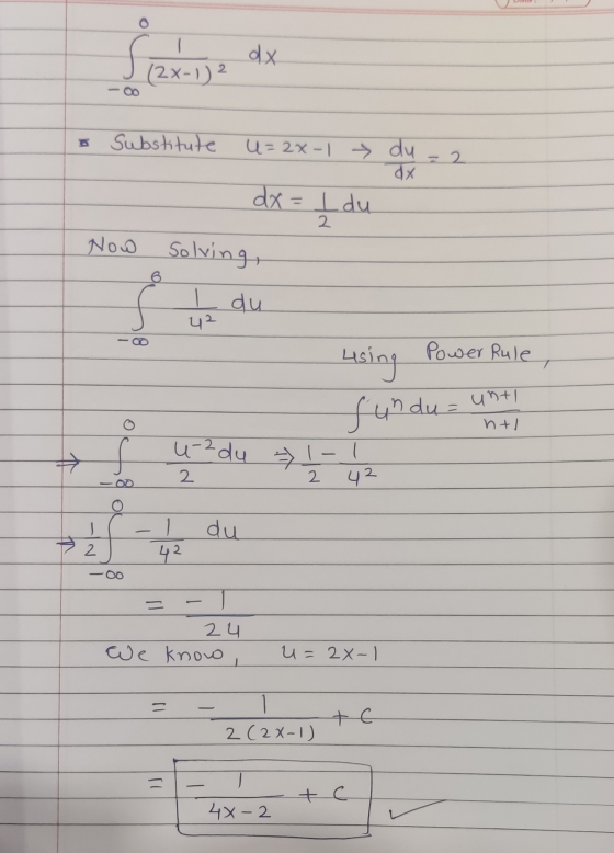 Sa dx (2x-1) 2 3 Substitute u=2x-1 du = 2 dx = L du 2 Now Solving, I du 6 42 Power Rule, using unti funduz nel 4-2 du => ! 2