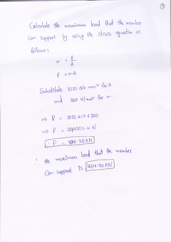 Calculote te omun lood thod the menber Cor support tg using te stress Iahn as llows: 2 iun land t te nenbtr