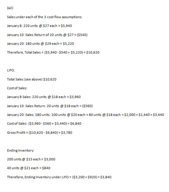 (a2) Sales under each of the 3 cost flow assumptions: January 8: 220 units @ $27 each = $5.940 January 10: Sales Return of 20