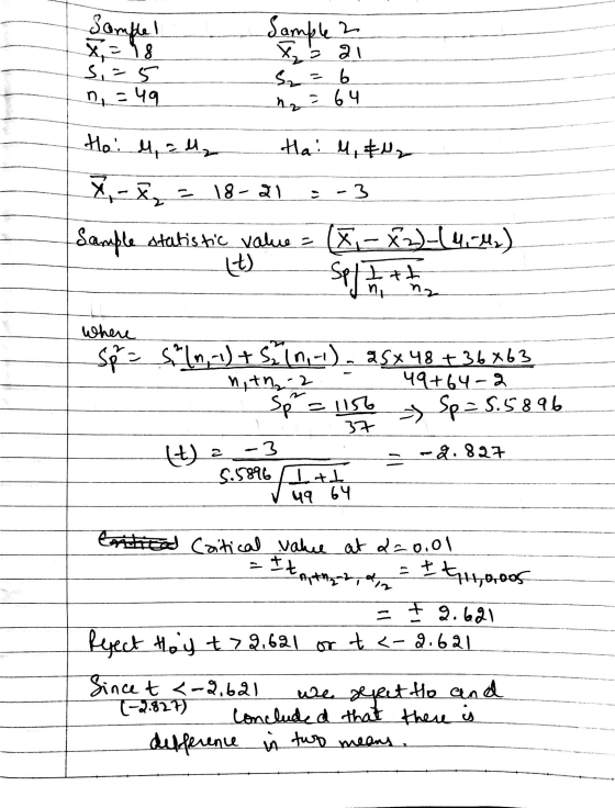 Sample! X=48 s,=5 ne-49 Sample 2 - 21 S2 = 6 mg 64 Ho: M = 42 Ha! M, EN *, - x= 18-21 3-3 Sample statistic value = (x-x2)-(4,