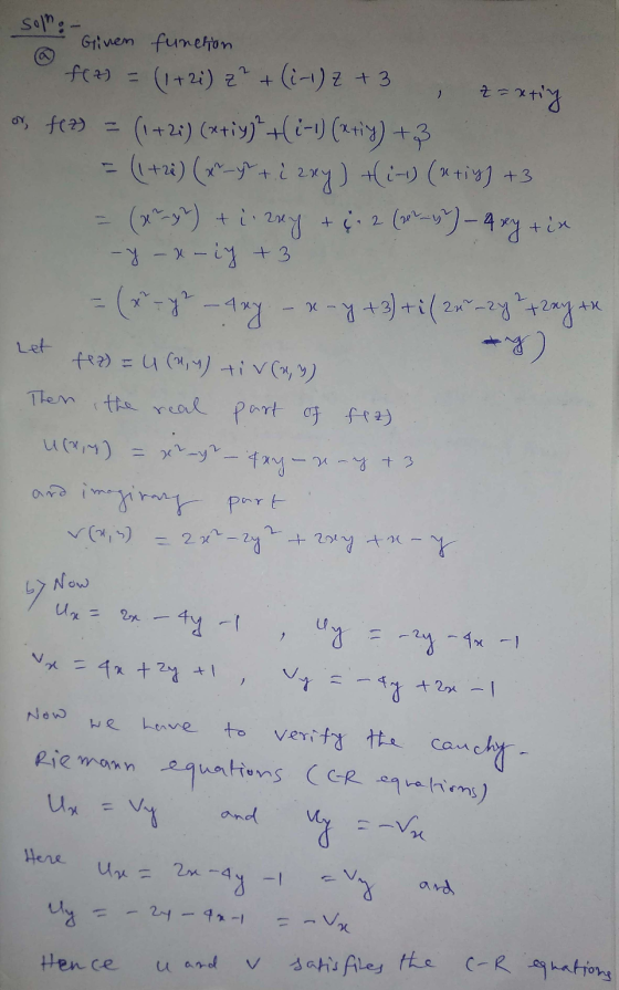 2 ser: - Given function fra) (1+2i) z + (1-1) + 3 z=xting or fez) = (1+21) (x+y)+(-1) (x+y)+3 = (1+2i) (x yt + i 2xy) ti-) (x