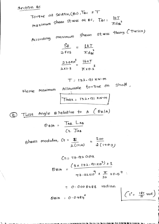 Section BC Torque at Section,(BC), TBC =T shear stress at BC, TBC- 16T Td BC Mazimum shear Stress Theory (Tresca) mgumum Acco
