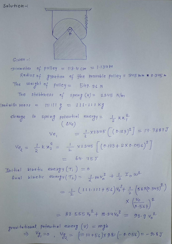 Solution- Given - = 113.4 cm = 1:134m The Diameter of polley Radius of gyration of the movable pulley = 345mm = 0.345m The w