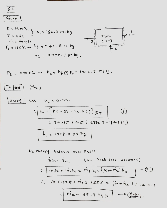 4 Given P = 15 MPa Par} ho = 180.8*5149. WH (ov). 3 Ti - 4oc mi= Gokyls. T2 = 175°C up hf = 741.15 kg 1 kg hat 2772.7.145 lky