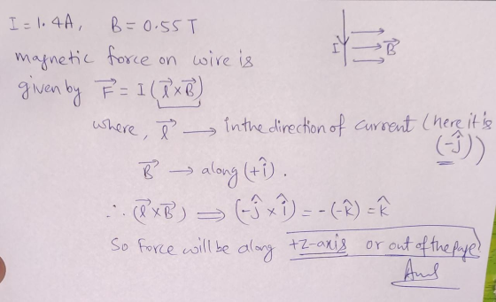 I=1.4A, B=0.55T magnetic force on wire is given by F= I (DXB) where, Ñ - inthe direction of current (here its B - along (+1)