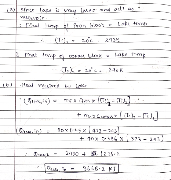 acts as (a) since lake is very large and reservoir. final tump of iron block = Lake temp. (Ti), = 206 = 293K the final temp o