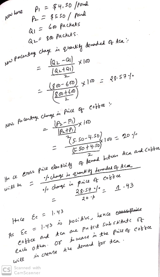 how here Now here Pi = $4,50 /pond P2 = $5.50 / pond Q1 = 60o packets Q2 = 800 packets. w percentage chage in quantity demand