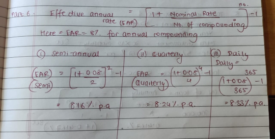 leart 6. - Effective annual = 1+ Nominal Rate rate (EARL 10 No. of compounding Here z EAR=87. for annual compounding in ☺ sem