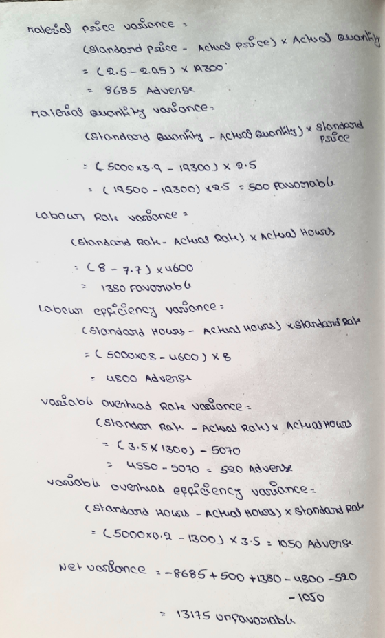 raterial price variance (standard price - Actual proce) & Actual Quantity =(2.5-295) x 4300 - 9685 Adverse . Material quantit