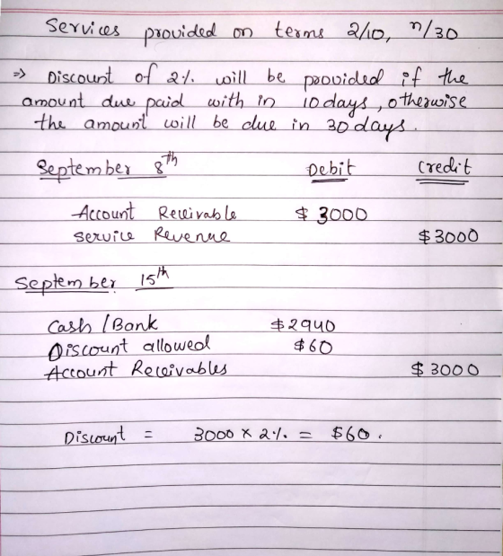 services provided on terms 2/10, n/30 » Discount of at will be provided if the amount due paid with in 10 days, otherwise the