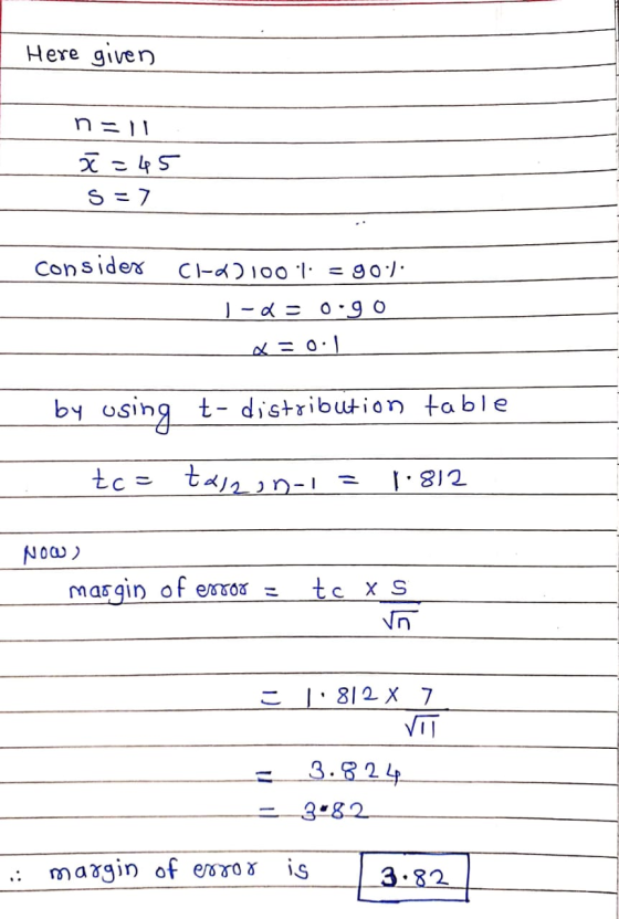 Here given nell ł=45 S = 7 consider C1-221001 90.): I-d-0.go d=0:1 by using t- distribution table te= tasaun-1= 1812 NOW) mar