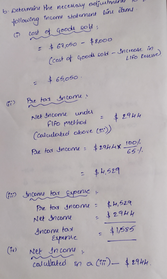 b. Determine the necesary adjustmene DD following income stalement line items. 9 cost of Goode soldi = $ 67,050 - $2000 (cast